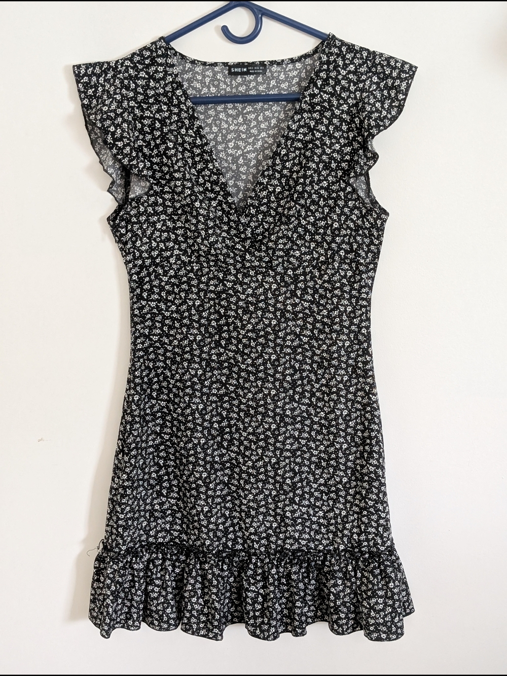 SHEIN Black White Floral V-Neck Ruffle Chiffon Mini Dress Cap Sleeve S